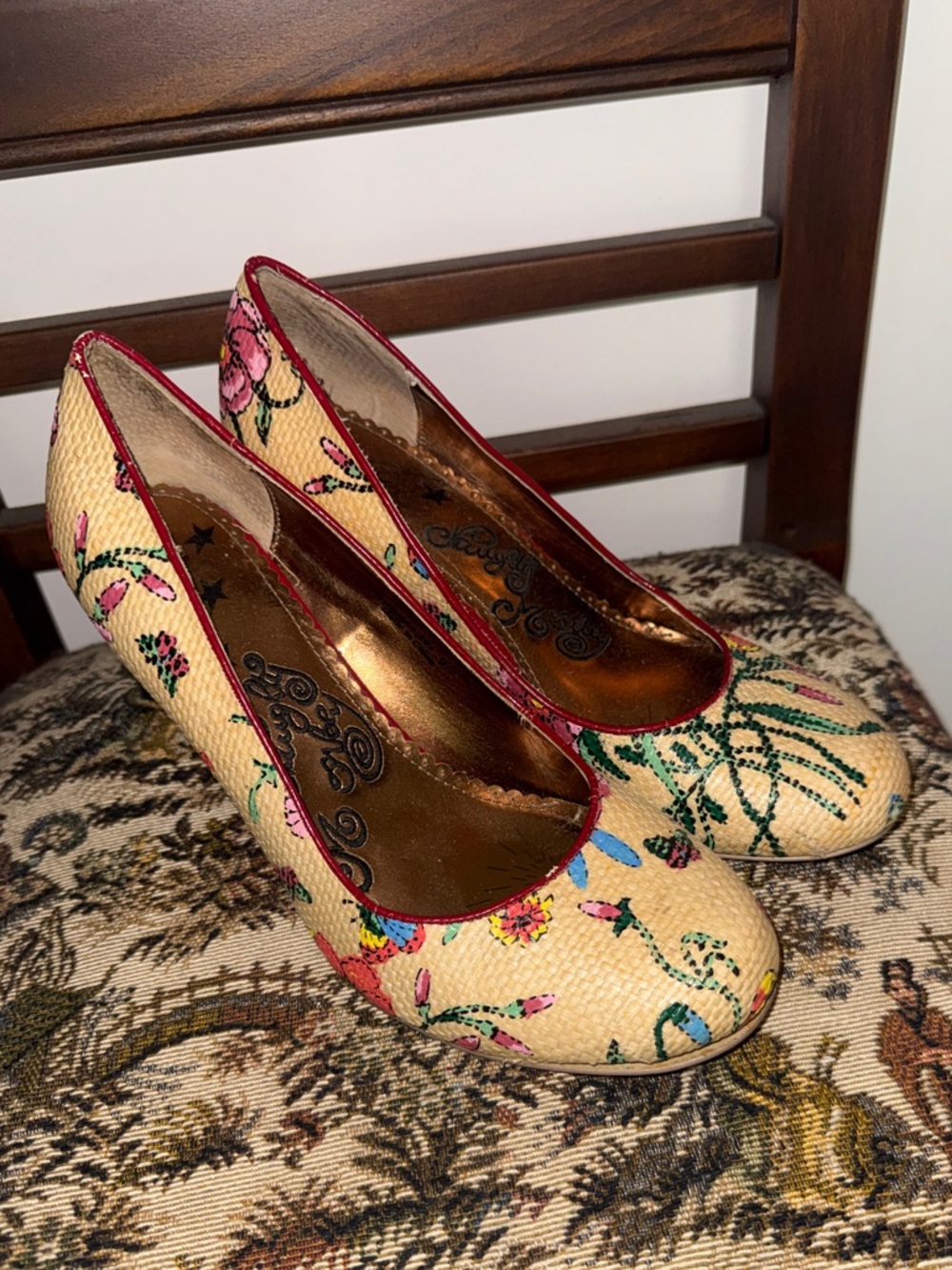 Naughty Monkey Floral Heels Pumps Straw Woven Multicolor Round Toe Size 8.5 - Picture 4 of 12